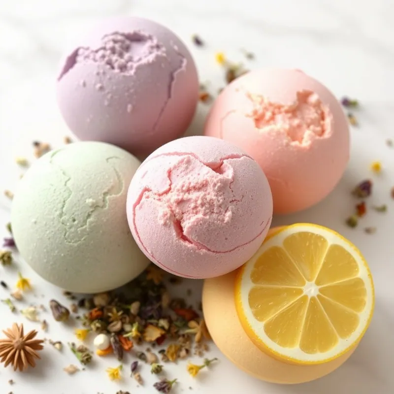 Bombes effervescentes pastel lavande rose eucalyptus agrumes sur fond marbre
