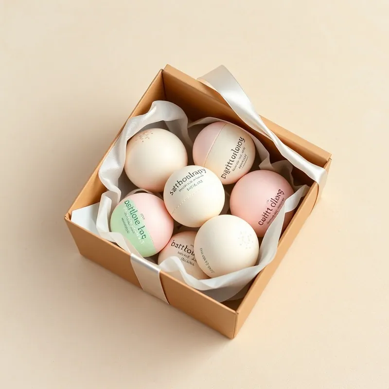 Coffret cadeau ouvert avec 6 bombes de bain pastel et ruban satin
