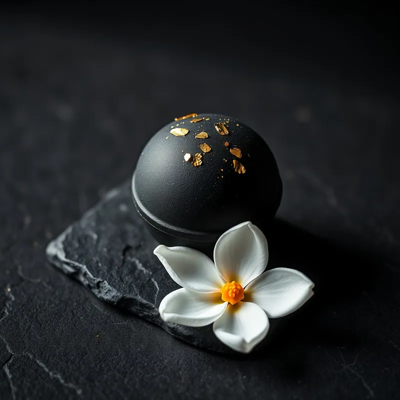 Bombe de bain premium noire avec paillettes dorées et fleur de jasmin sur ardoise