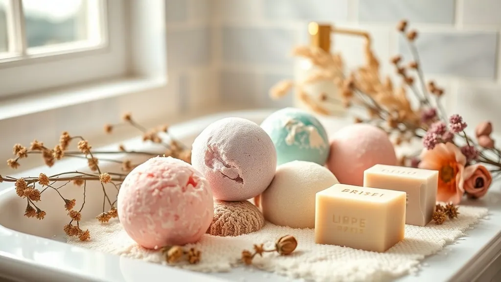 Bombes de bain effervescentes pastel dans une salle de bain spa minimaliste avec fleurs séchées